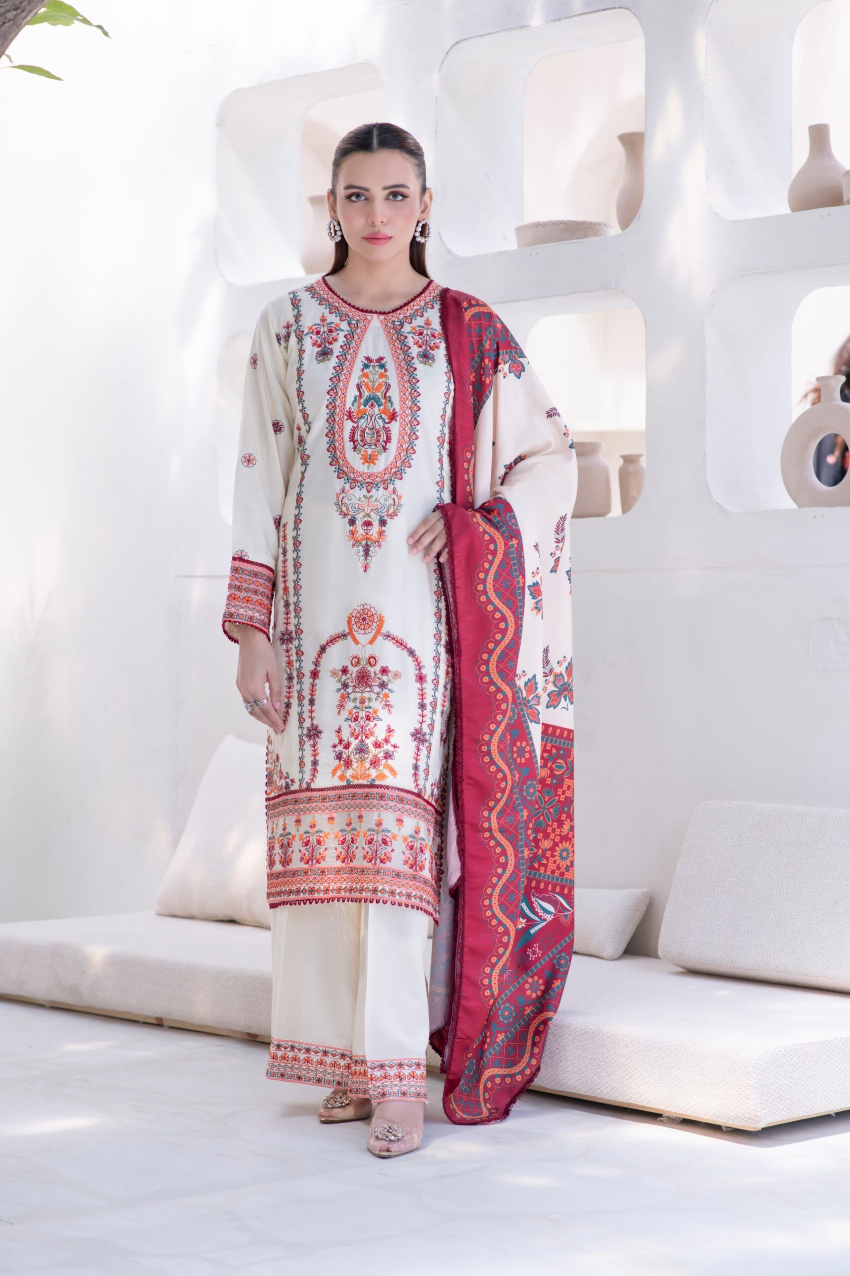 off white dobby linen 3 piece — embroidered winter ensemble off white dobby linen 3 piece — embroidered winter ensemble