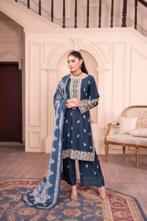 space blue viscose 3 piece — embroidered winter elegance