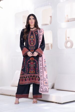 black dobby linen 3 piece — embroidered winter ensemble
