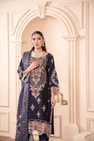 denim blue viscose 3 piece — timeless multi thread embroidered set