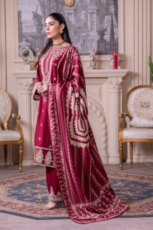burgundy dobby linen 3 piece — embroidered winter ensemble