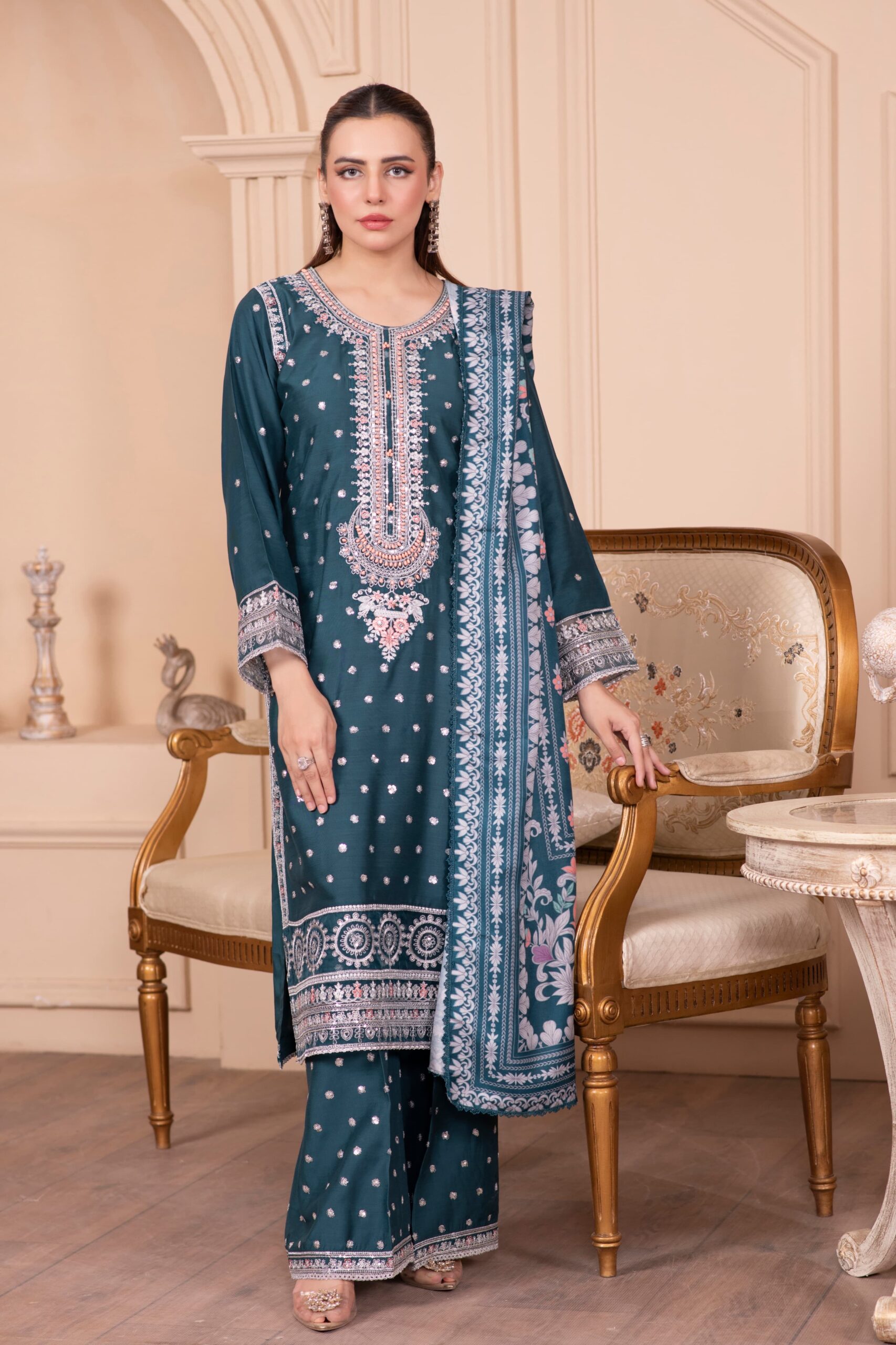 warm steel blue embroidered 3 piece stitched suit warm steel blue embroidered 3 piece stitched suit