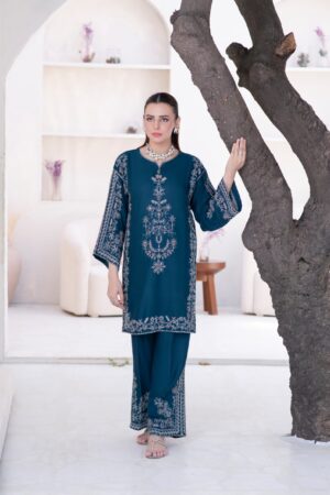 prussian blue dobby linen 3 piece — embroidered winter ensemble